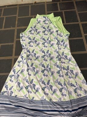 Light Green & Navy Leaf Print Sleeveless Dress